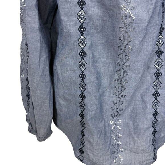 Chicos Womens Embellished Denim Chambray Embroidered Sequin Top Shirt Blue 2/ L - Picture 6 of 16